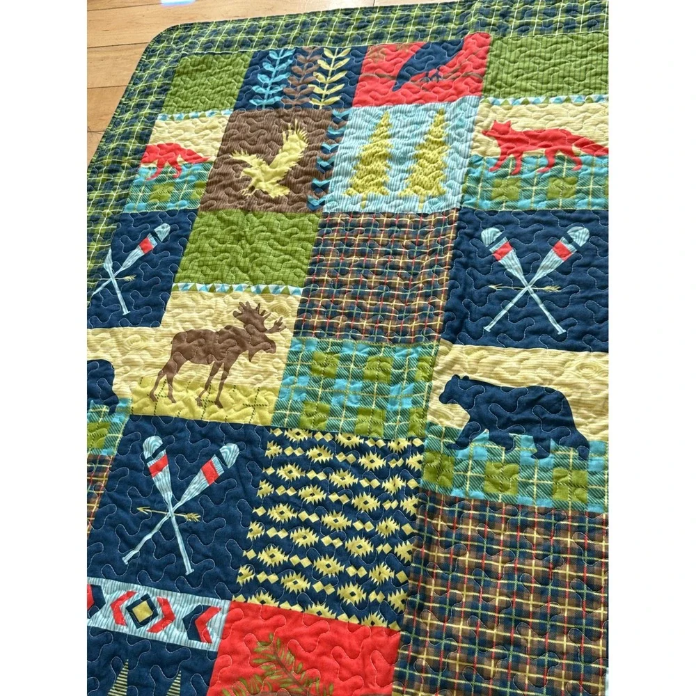 Rustic Lodge Throw Quilt Blanket –‎ Moose, Bear, Fox, Cabin Theme – 60